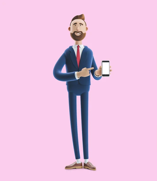 Portrait of a handsome cartoon character with mobile phone. 3d illustration on pink background