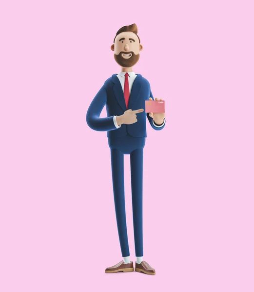 Rajzfilmfigura mosoly és a Holding hitelkártya. 3D illusztráció rózsaszín háttérrel — Stock Fotó
