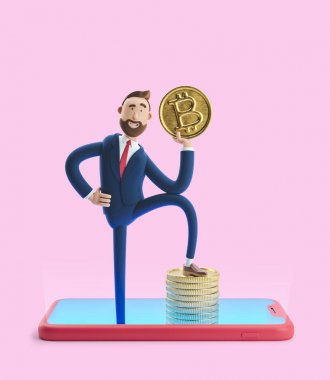 Cartoon character Billy with bitcoin. Mobile banking concept. Online Bank. Cryptocurrency. 3d illustration on pink background clipart