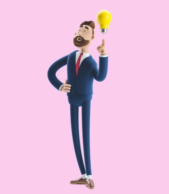 Businessman Billy with yellow bulb. Innovation and inspiration concept. 3d illustration on pink background clipart