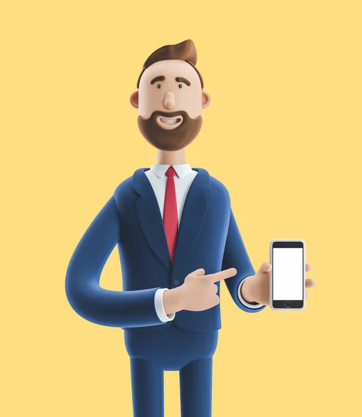 Retrato de um belo personagem de desenho animado com telefone celular. ilustração 3d no fundo amarelo — Fotografia de Stock