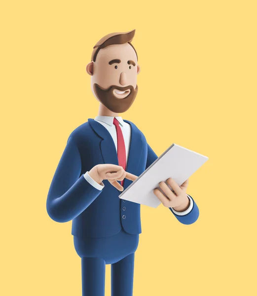 Kreslený postava drží zápisník a usmívá se. 3D ilustrace na žlutém pozadí — Stock fotografie
