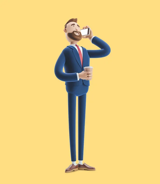 cartoon character talking on the phone and holding coffee. 3d illustration on yellow background