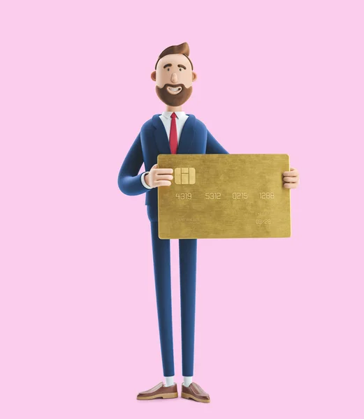 Businessman Billy with gold credit card. 3d illustration on pink background
