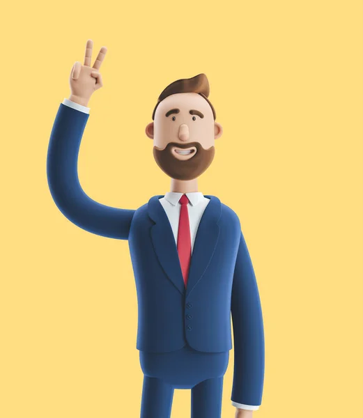 Portrait of a handsome cartoon character showing peace sign. 3d illustration on yellow background