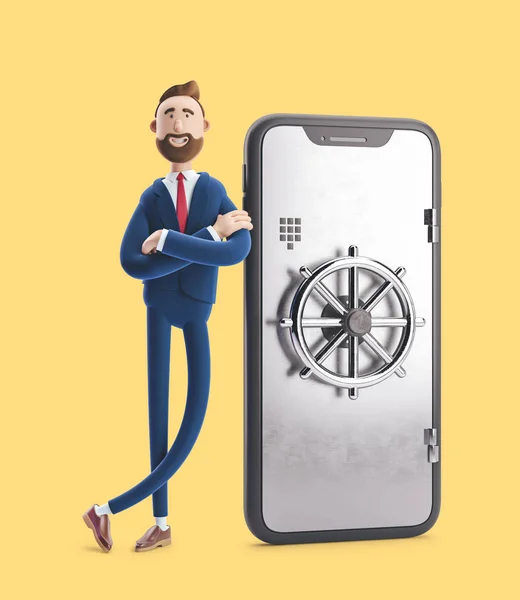 Cartoon character Billy stand with a telephone in the form of a safe. Mobile banking concept. Online Bank. 3d illustration on yellow background