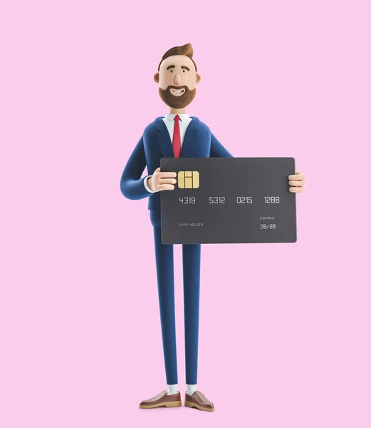 Biznesmen Billy z czarną kartą kredytową. ilustracja 3D na różowym tle — Zdjęcie stockowe