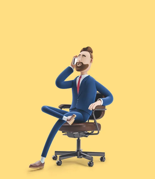 Portrait d'un beau personnage de dessin animé assis dans une chaise de bureau et parlant au téléphone. Illustration 3d sur fond jaune — Photo