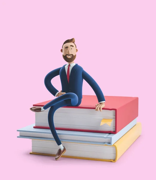 Cartoon character beard businessman Billy is sitting on a stack of books. The concept of business education. 3d illustration on pink background — Stock Photo, Image