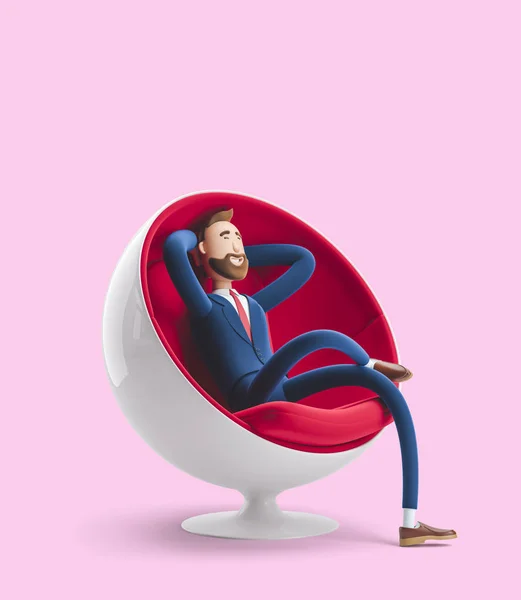 Handsome cartoon character Billy sitting in an egg chair and and resting in a calm pose. 3d illustration on pink background