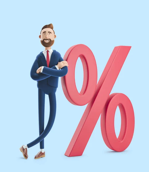 Zeichentrickfigur Billy und Big-Prozent-Ikone. Konzept Business Zinssatz. 3D-Abbildung auf blauem Hintergrund — Stockfoto