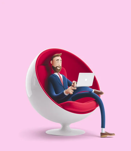 Guapo personaje de dibujos animados Billy sentado en una silla de huevo con portátil. Ilustración 3d sobre fondo rosa —  Fotos de Stock