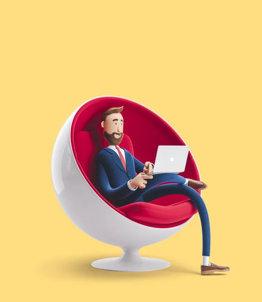 Yakışıklı çizgi film karakteri Billy dizüstü bilgisayar ile bir yumurta sandalyede oturuyor. Sarı arka plan üzerinde 3d illüstrasyon — Stok fotoğraf
