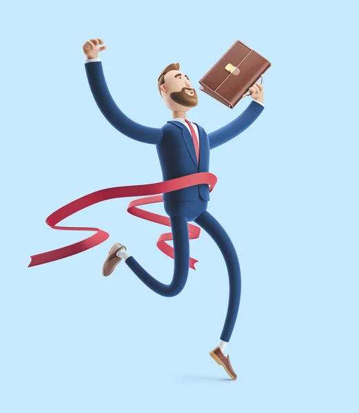 Cartoon character Billy winning the competition. Successful businessman. 3d illustration on blue background