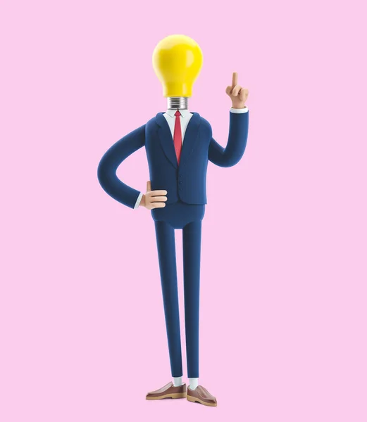Biznesmen Billy z żarówką zamiast głowy. Koncepcja innowacji i inspiracji. ilustracja 3D na różowym tle — Zdjęcie stockowe