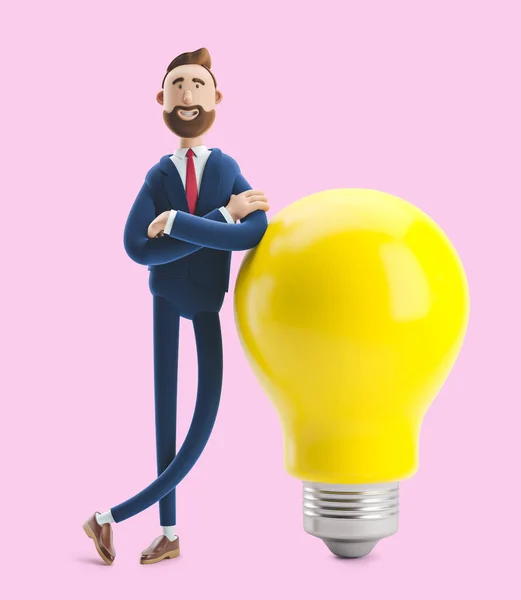 Businessman Billy with yellow bulb. Innovation and inspiration concept. 3d illustration on pink background