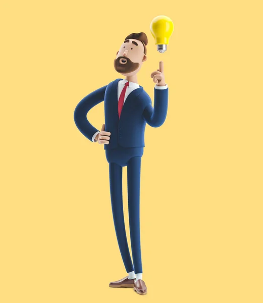 Businessman Billy with yellow bulb. Innovation and inspiration concept. 3d illustration on yellow background — Stock Photo, Image