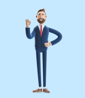 Cartoon character businessman Billy shows okay or OK gesture. 3d illustration on blue background clipart