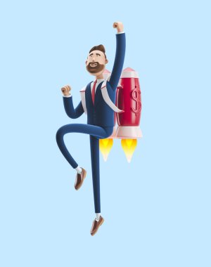 İşadamı Billy jetpack roketinin üzerinde uçuyor. Mavi arka plan üzerinde 3d illüstrasyon. İş kurma kavramı, yeni bir şirket kurma.