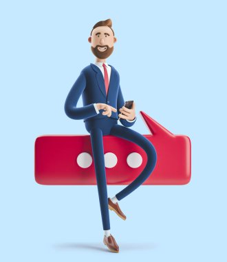 3d illüstrasyon. Telefon ve kabarcık konuşma ile yakışıklı bir işadamı portresi. Mavi arka planda konuşma kavramı.