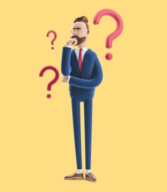 Cartoon character Billy looking for a solution. 3d illustration on yellow background clipart