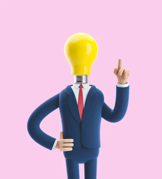 Businessman Billy with light bulb instead of head. Innovation and inspiration concept. 3d illustration on pink background