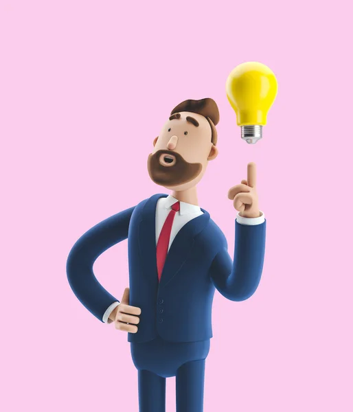 Businessman Billy with yellow bulb. Innovation and inspiration concept. 3d illustration on pink background — Stock Photo, Image