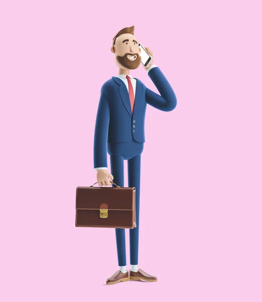 Персонаж мультфильма Билли с чемоданом, разговаривающим по телефону. 3D иллюстрация на розовом фоне — стоковое фото