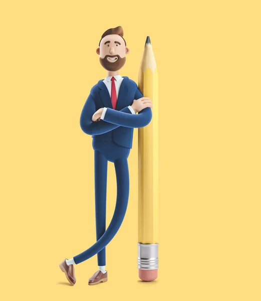 Cartoon character Billy with a big pencil. 3d illustration on yellow background