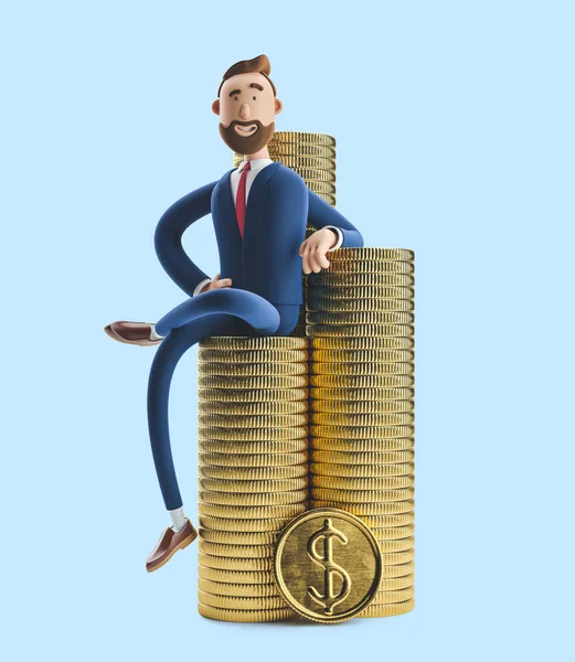 Porträt einer hübschen Zeichentrickfigur namens Billy mit einem Stapel Geld. 3D-Abbildung auf blauem Hintergrund — Stockfoto