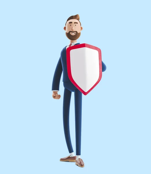 Cartoon character Billy with shield. 3d illustration on blue background. Safety and protection in business — Stock Photo, Image