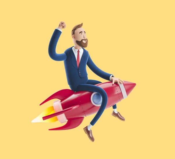 Businessman Billy flying on a rocket up. 3d illustration on yellow background. Concept of  business startup, launching of a new company.