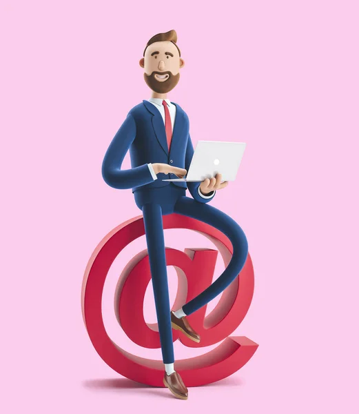 Ilustração 3d. Retrato de um belo homem de negócios com laptop e no sinal no fundo rosa. Conceito de mídia social . — Fotografia de Stock