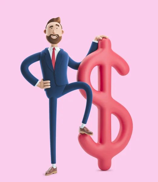 Hombre de negocios Billy con gran signo de dólar sobre fondo rosa. ilustración 3d —  Fotos de Stock