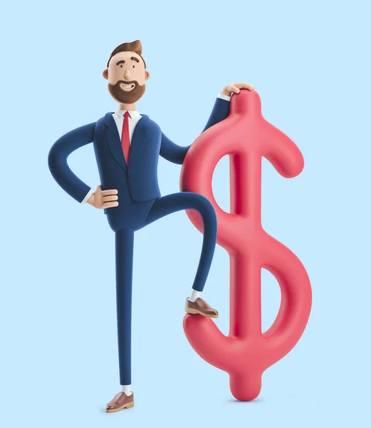 Businessman Billy with big dollar sign on blue background. 3d illustration