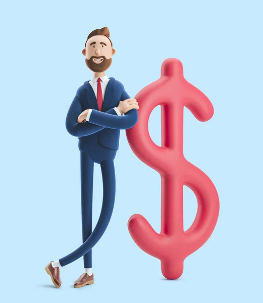Homem de negócios Billy com grande sinal de dólar no fundo azul. ilustração 3d — Fotografia de Stock