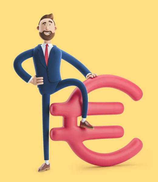 Businessman Billy with big euro sign on yellow background. 3d illustration