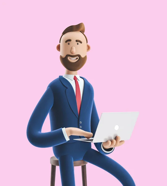 3D illusztráció. Portré egy csinos üzletember, laptop, rózsaszín háttér. — Stock Fotó