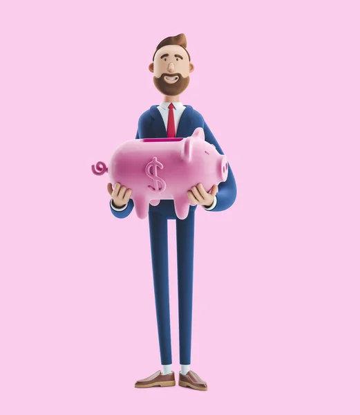 3D-Illustration. Porträt eines gutaussehenden Geschäftsmannes mit Sparschwein auf rosa Hintergrund. Sicheres Geldlagerkonzept. — Stockfoto