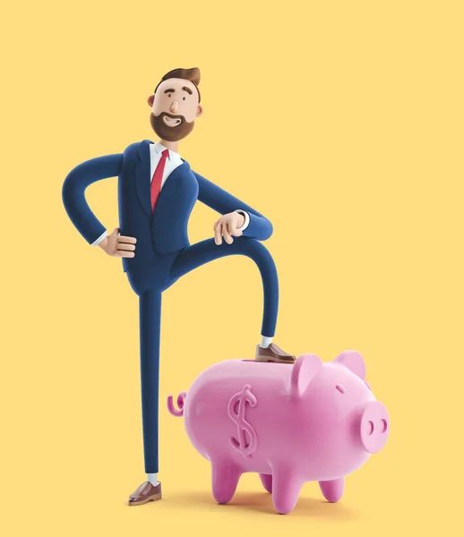 3d illustration. Portrait of a handsome businessman with piggy bank on yellow background. Safe money storage concept.