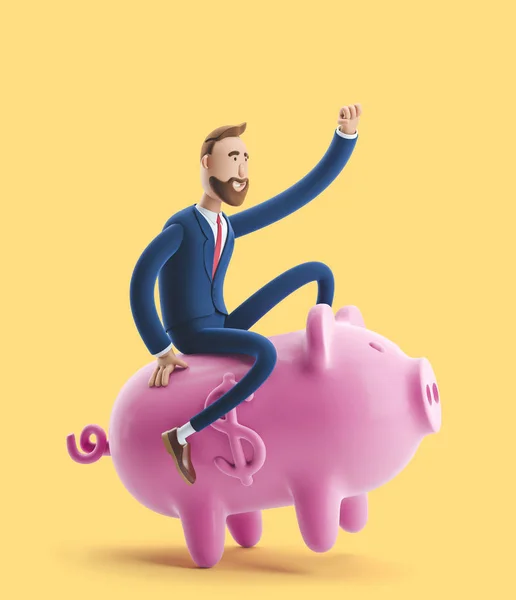 3d 插图。一个英俊的商人的肖像，在黄色背景上带着小猪银行。安全资金存储概念. — 图库照片