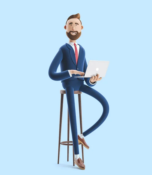 3d 插图。一个英俊的商人的肖像与笔记本电脑的蓝色背景. — 图库照片