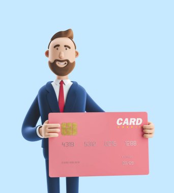 Businessman Billy with colored credit card. 3d illustration on blue background clipart