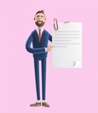 Handsome cartoon character Billy holds a completed document. 3d illustration on pink background clipart