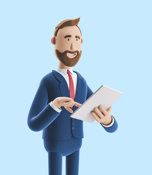 En tecknad figur håller en anteckningsbok och ler. 3D-illustration på blå bakgrund — Stockfoto