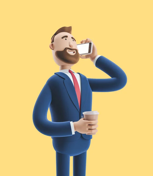 Çizgi film karakteri telefonda konuşuyor ve kahve tutuyor. Sarı arka plan üzerinde 3d illüstrasyon — Stok fotoğraf