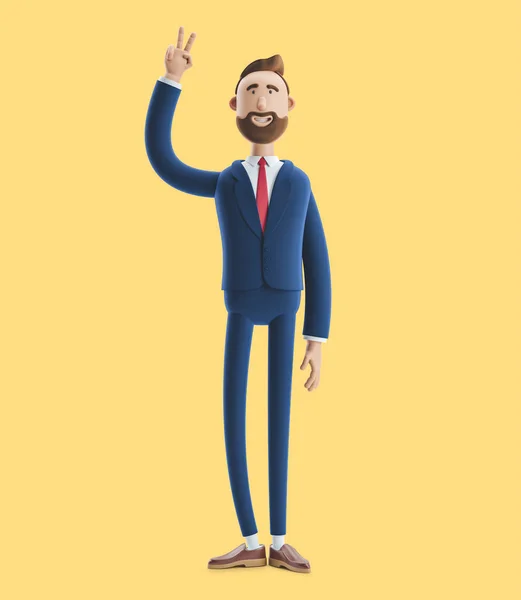 Portrait of a handsome cartoon character showing peace sign. 3d illustration on yellow background