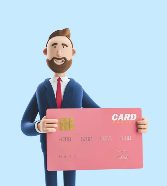 Businessman Billy with colored credit card. 3d illustration on blue background