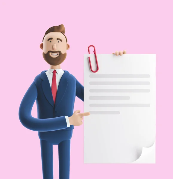 Handsome cartoon character Billy holds a completed document. 3d illustration on pink background