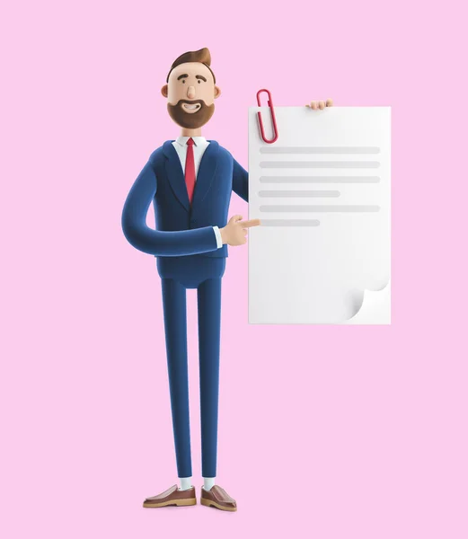 Handsome cartoon character Billy holds a completed document. 3d illustration on pink background